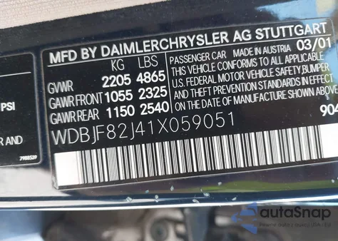 2001 Mercedes-Benz E 320 4M из США, поврежденный, VIN WDBJF82J41X059051